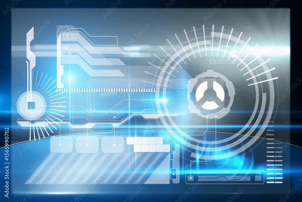 Poster flat design hud overlay displaying radial gauge, schematic pathways and data readouts