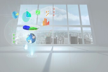 Flat design is displaying holographic charts and rotating globe over floor with tall windows