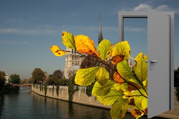 Obraz premium Digital image of open door with plant on river