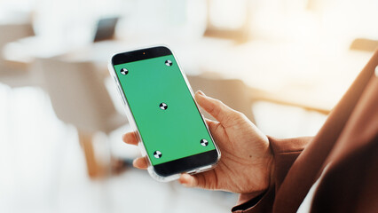 Business person, hand and phone green screen for networking, social media and information mockup....