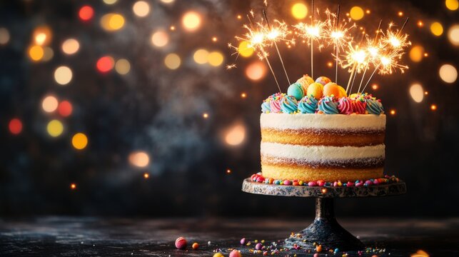 Festive birthday cake on stand decorated with colorful candies and lit sparklers, glowing against warm bokeh light background




 - Powered by Adobe