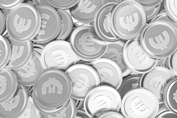 Close-up macro render is showing overlapping shiny metallic euro coins with embossed euro symbols