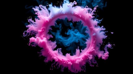Abstract image of a pink and blue ink explosion forming a circle against a black background