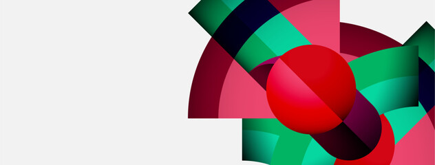 Abstract geometric composition. Vibrant colors intersect, creating dynamic visual effect. Red sphere dominates central space.