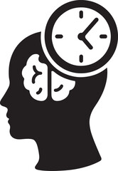 Silhouette of a clock and brain representing mental burnout, stress, time pressure, and cognitive overload.