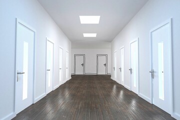 Flat design hallway is showing white frosted doors, dark floor, skylights, black doodle outlines