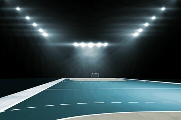 Flat design handball court is glowing under spotlights showing dashed boundary lines and goal frame