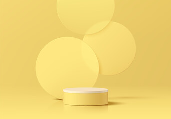 3D yellow cylindrical podium pedestal background with overlap circles backdrop wall scene. Minimal empty mockup abstract product display presentation, Stage showcase. Platforms vector geometric design