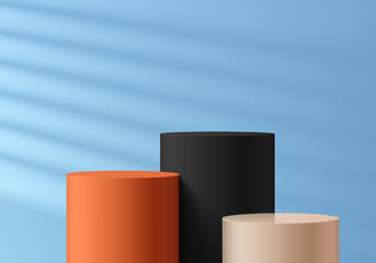 3D colorful podium background with blue wall scene. Black, orange and cream pedestal. Minimalist studio mockup. Abstract stand product display presentation, Stage for showcase. Vector platform design.