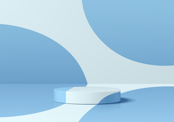 3D blue, white cylindrical pedestal podium background with polka dot wall scene. Minimalist mockup pedestal. Abstract stand product display presentation. Stage for showcase. Vector platform design.