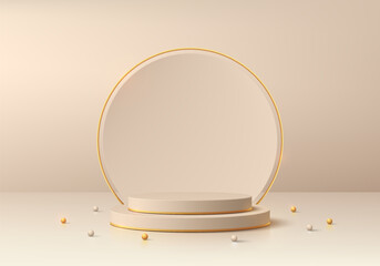 Realistic beige 3D cylindrical podium background with golden round frame backdrop. Minimalist mockup pedestal, Abstract luxury product display presentation, Stage showcase. Platforms vector design.