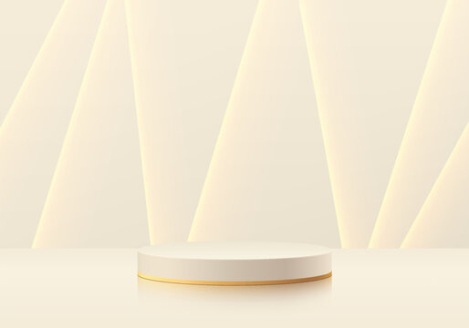 Beige 3D cylindrical podium background with golden lighting lines on wall scene. Minimalist mockup pedestal. Abstract luxury stand product display presentation. Stage showcase. Vector platform design.