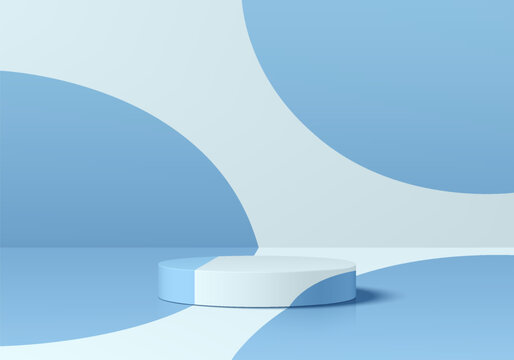 3D blue, white cylindrical pedestal podium background with polka dot wall scene. Minimalist mockup pedestal. Abstract stand product display presentation. Stage for showcase. Vector platform design.