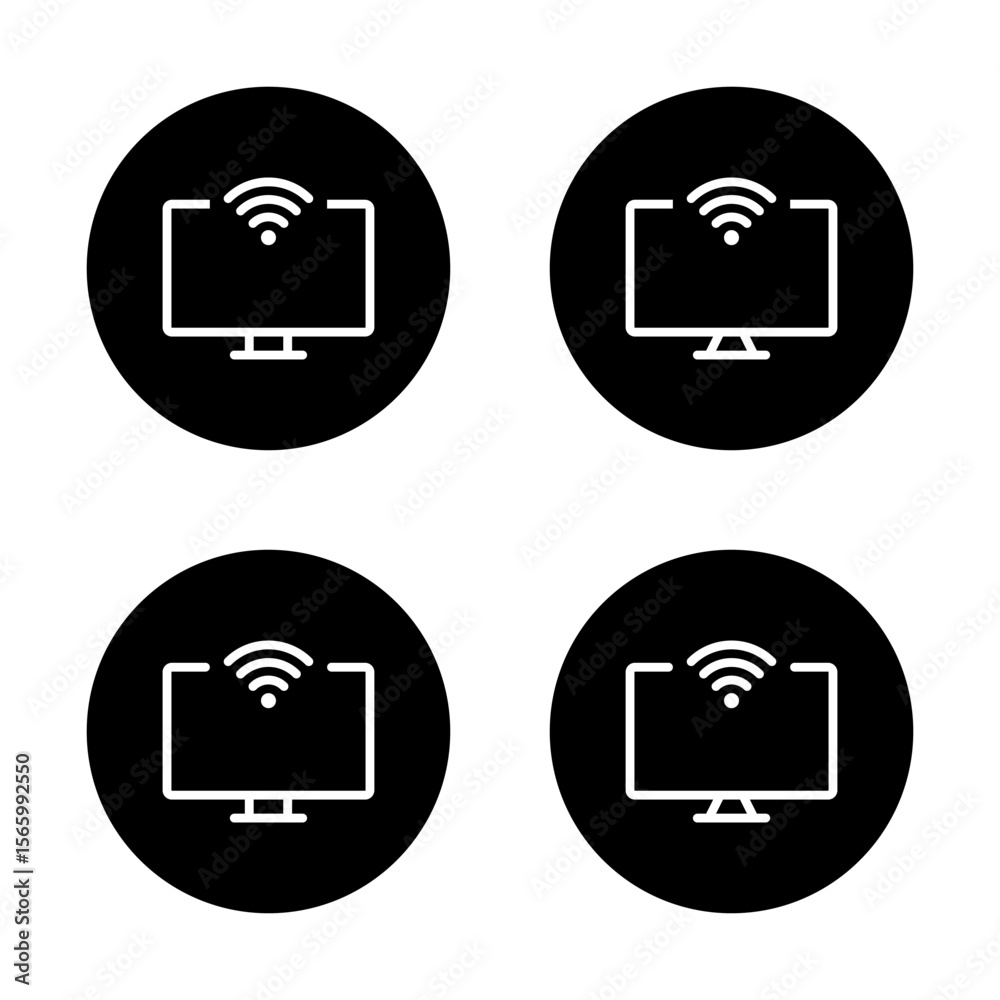 Poster computer monitor with wifi icon set. wireless internet connection symbol in black circle
