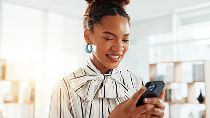 Happy, employee and woman with smartphone, office or browsing for performance of ad campaign on...