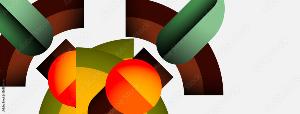 Poster Abstract geometric composition. Shapes overlap, creating dynamic visual interest. Colors include orange, green, brown, white. Modern design.