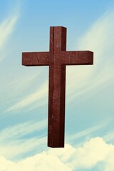 Flat design wooden cross with visible wood grain is floating above cumulus clouds in blue sky