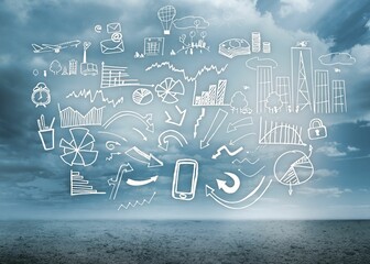 Cluster of hand-drawn business icons with smartphone outline floating over calm sea and cloudy sky