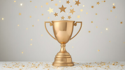 Gold winner cup with falling stars against pastel grey background. Glittering golden confetti victory success, champions reward. Celebrate winning, contest victory, achieving goals, award ceremony.