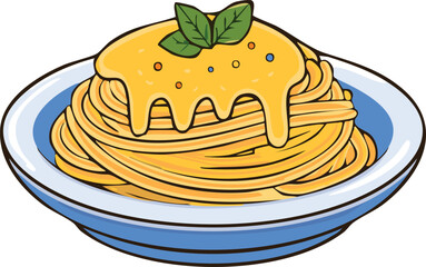Cartoon illustration of spaghetti with yellow sauce and basil leaves served on a blue-rimmed plate.