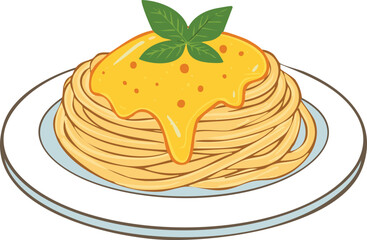 A plate of spaghetti topped with a creamy, yellow sauce, garnished with fresh basil leaves.