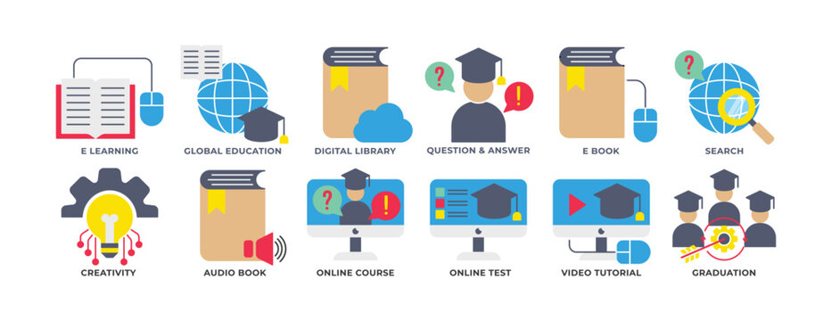 Icon Set of Education, E Learning, E Book, Global Education, Graduation, Q n A and more. Perfect for presentations, Website and app designs. Icon FLat Style.
