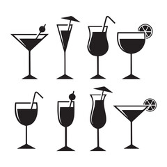 cocktail black icon set pack collection silhouette line art vector flat illustration design on white background