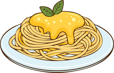 A plate of spaghetti topped with a creamy, yellow sauce and fresh basil.