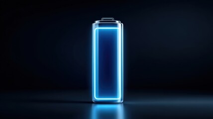 Futuristic Electric Battery Technology for Energy Storage. Illuminated battery graphic on a dark background.