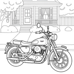 There is a motorcycle parked in front of the house.