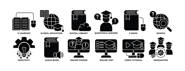 Icon Set of Education, E Learning, E Book, Global Education, Graduation, Q n A and more. Perfect for presentations, Website and app designs. Icon Glyph Style.