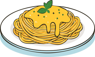 A plate of spaghetti topped with a yellow sauce, garnished with a basil leaf.