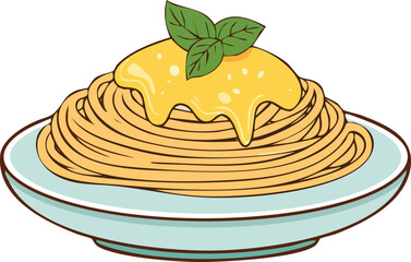 A plate of spaghetti topped with a generous amount of melted cheese sauce and fresh basil leaves.
