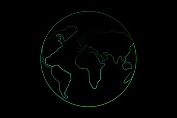 Neon green globe outline is glowing against solid black backdrop showing stylized continent shapes