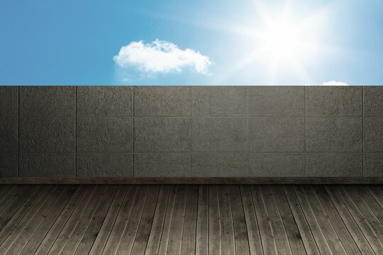 Fototapeta Concrete block wall is standing on wooden deck under blue sky with clouds in flat design