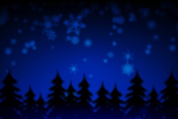Evergreen silhouettes are lining deep blue night sky dotted with glowing snowflakes in flat style