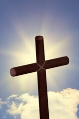 Flat design showing wooden cross with rope binding under glowing rays and drifting clouds