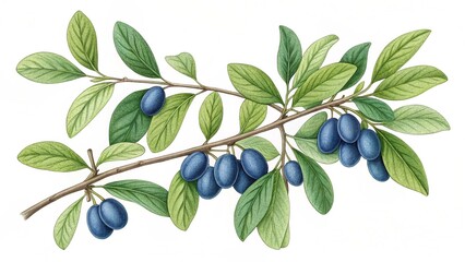 Elegant Botanical Illustration of Sloe Berries on a Branch with Green Leaves