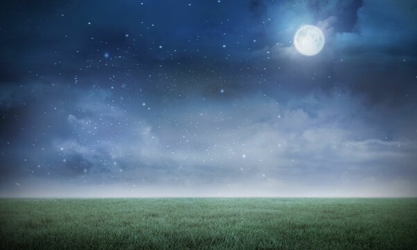 Fototapeta Flat design showing open grassy field glowing under full moon with twinkling stars and wispy clouds