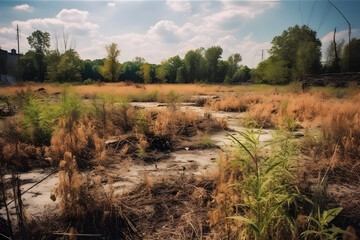 Abandoned Landscape with Dry Vegetation and Overgrown Area