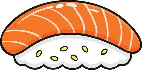Cartoon illustration of salmon nigiri sushi with rice and orange fish fillet.
