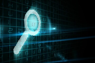 Dotted cyan-blue magnifying glass icon is glowing in flat design dark code grid with light streaks