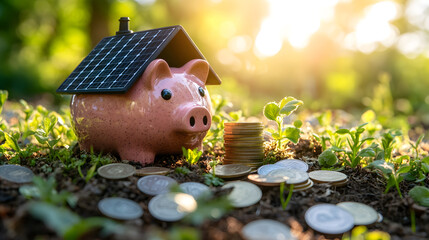 Piggy bank–shaped eco-friendly house with rooftop solar panels, encircled by coins, symbolizing sustainable living, energy efficiency, and cost savings from reduced electricity bills throug 58076852 2