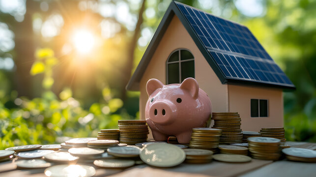 Eco-friendly house designed as a piggy bank with solar panels on the roof, surrounded by coins, symbolizing sustainable living, energy savings, and reduced electricity bills through renewabl19020331 1