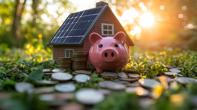 Eco-friendly piggy bank–shaped house with solar panels on roof, surrounded by coins, symbolizing sustainable living, renewable energy use, and significant savings on electricity bills throug81347910 3 - Powered by Adobe