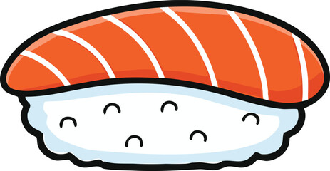 Cartoon illustration of a piece of salmon nigiri sushi with white rice, isolated on a white background.