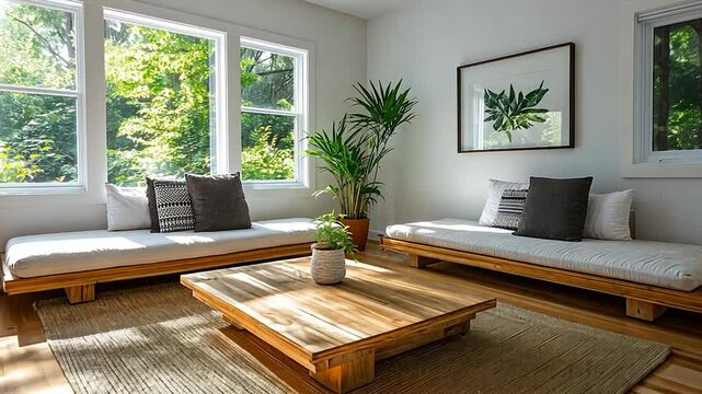 Sunlit living room featuring two light wooden futons with cream cushions and textured pillows, a large wooden coffee table on a woven rug, and a tall potted plant by the window, creating a bright and