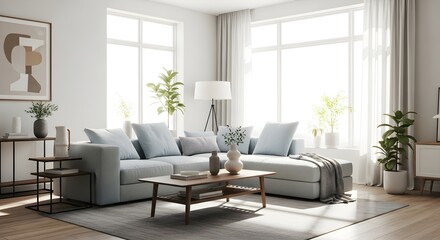 Serene Minimalist Living Room Interior Design with Light Blue Sectional Sofa and Natural Light