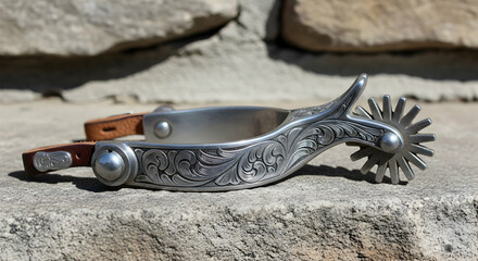Cowboy spurs on rustic surface