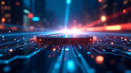 Glowing CPU processor with light trails representing data flow in a futuristic smart city
